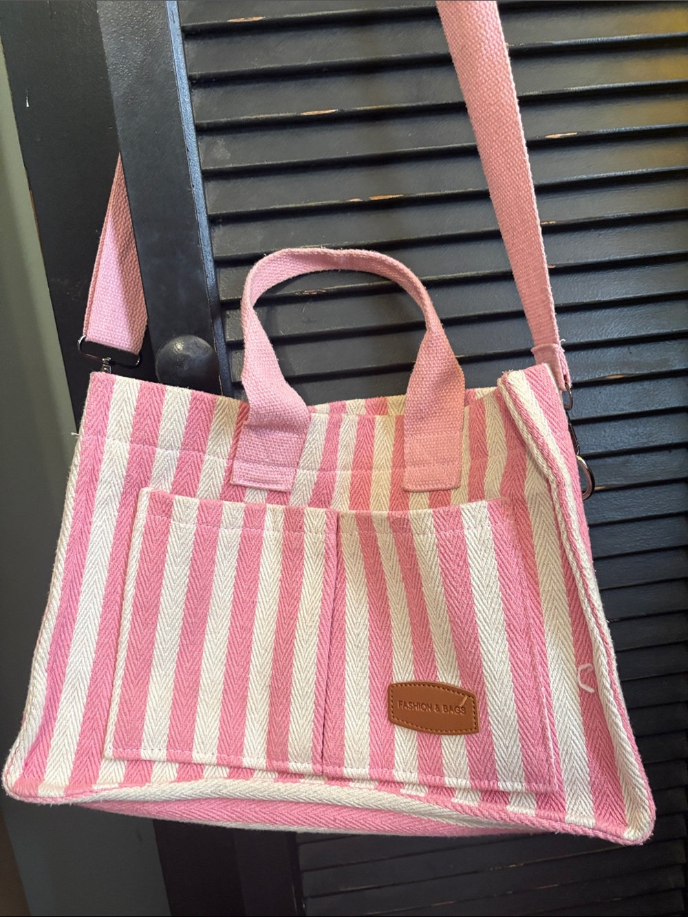 Pink Striped Canvas Tote Bag with Front Pocket